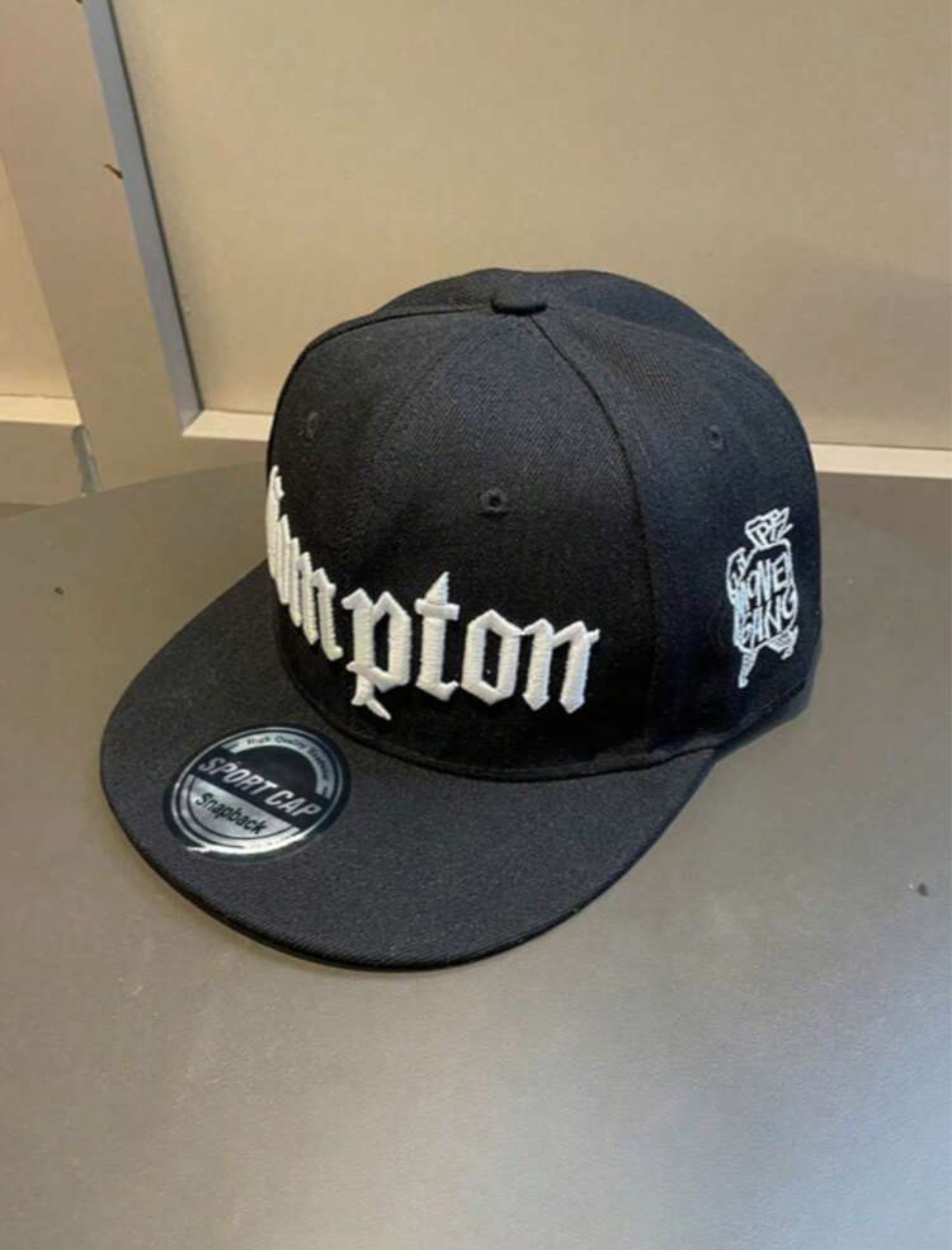 Classic Hip-Hop Black Snapback Hat with Embroidered White Old English 'Compton' Text