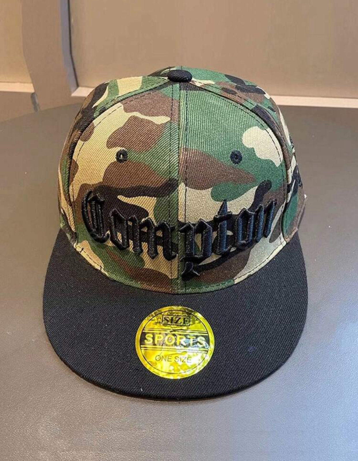 Classic Hip-Hop Black Snapback Hat with Embroidered White Old English 'Compton' Text 2