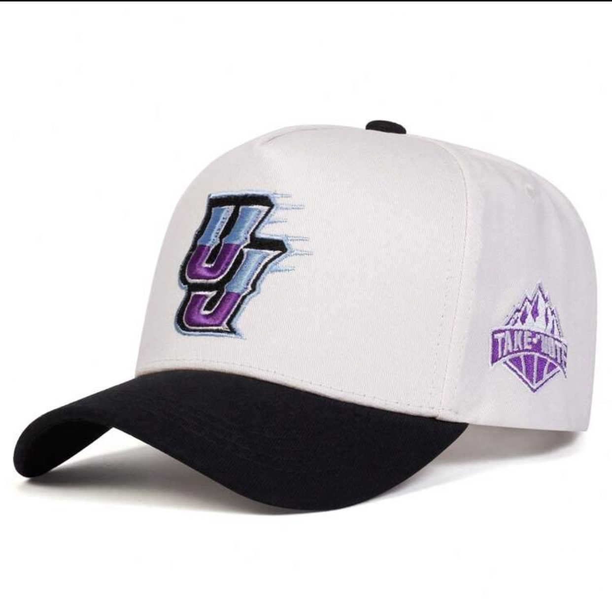 Two-Tone White and Black High-Crown Cap with Embroidered Purple Graphic Initial