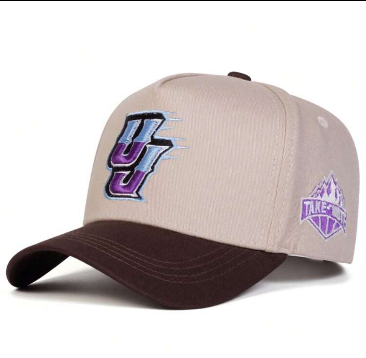Two-Tone White and Black High-Crown Cap with Embroidered Purple Graphic Initial 2