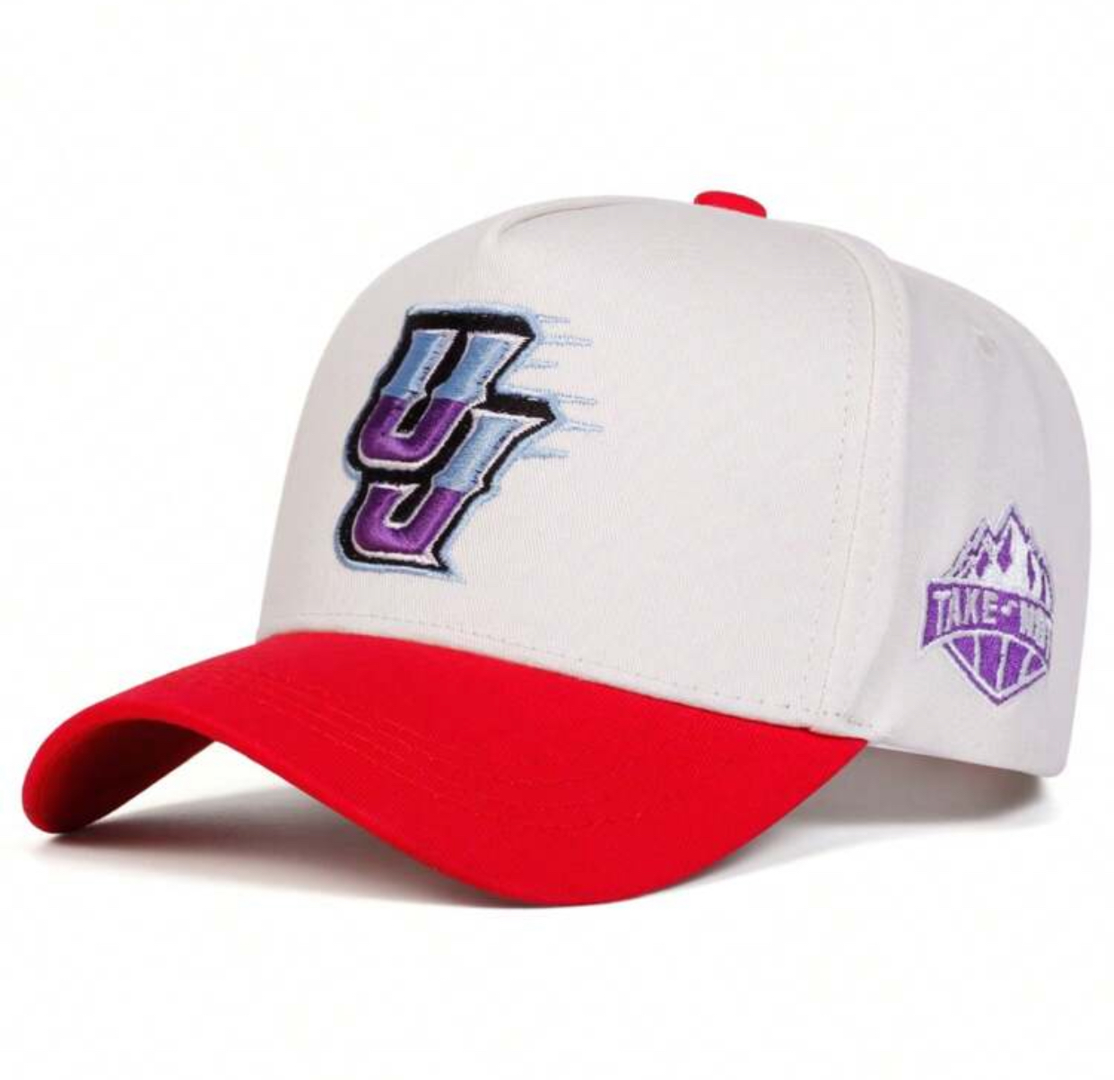 Two-Tone White and Black High-Crown Cap with Embroidered Purple Graphic Initial 3