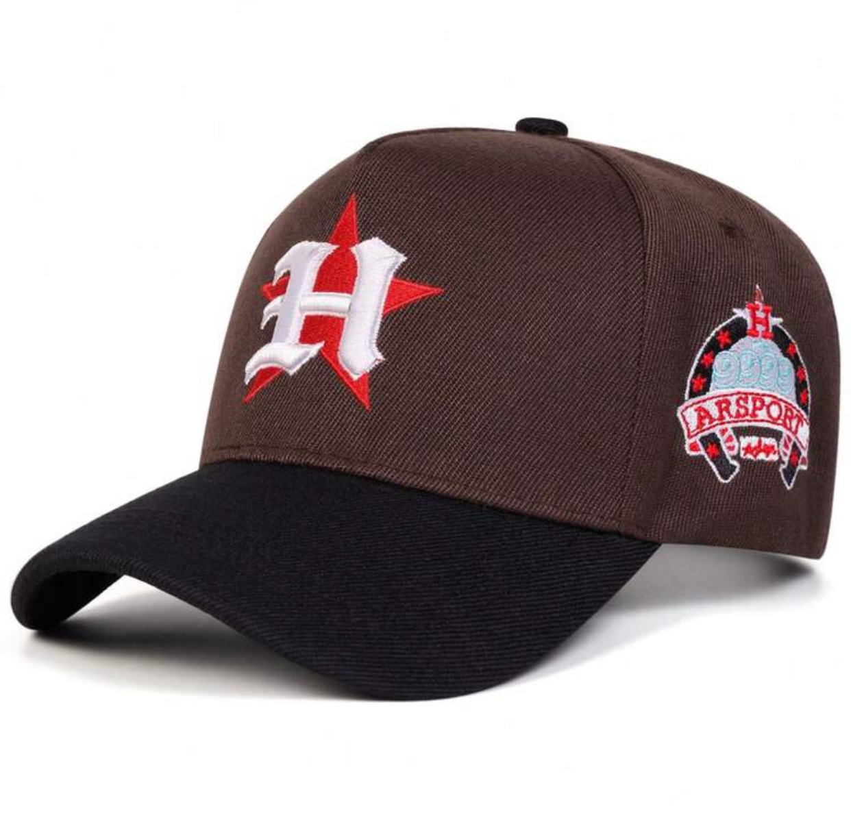 Men's Brown and Black Two-Tone Baseball Cap with Red Star and Gothic 'H' Embroidery