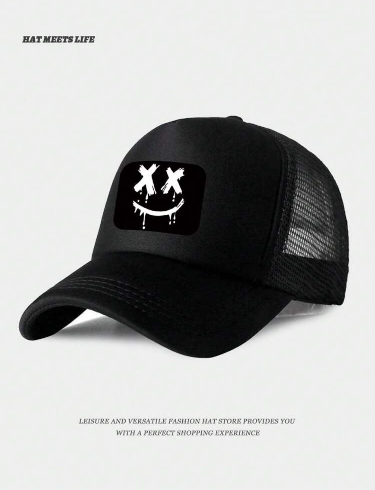 Unisex Casual White and Black Mesh Trucker Hat with Dripping X-Eye Smiley Face Patch