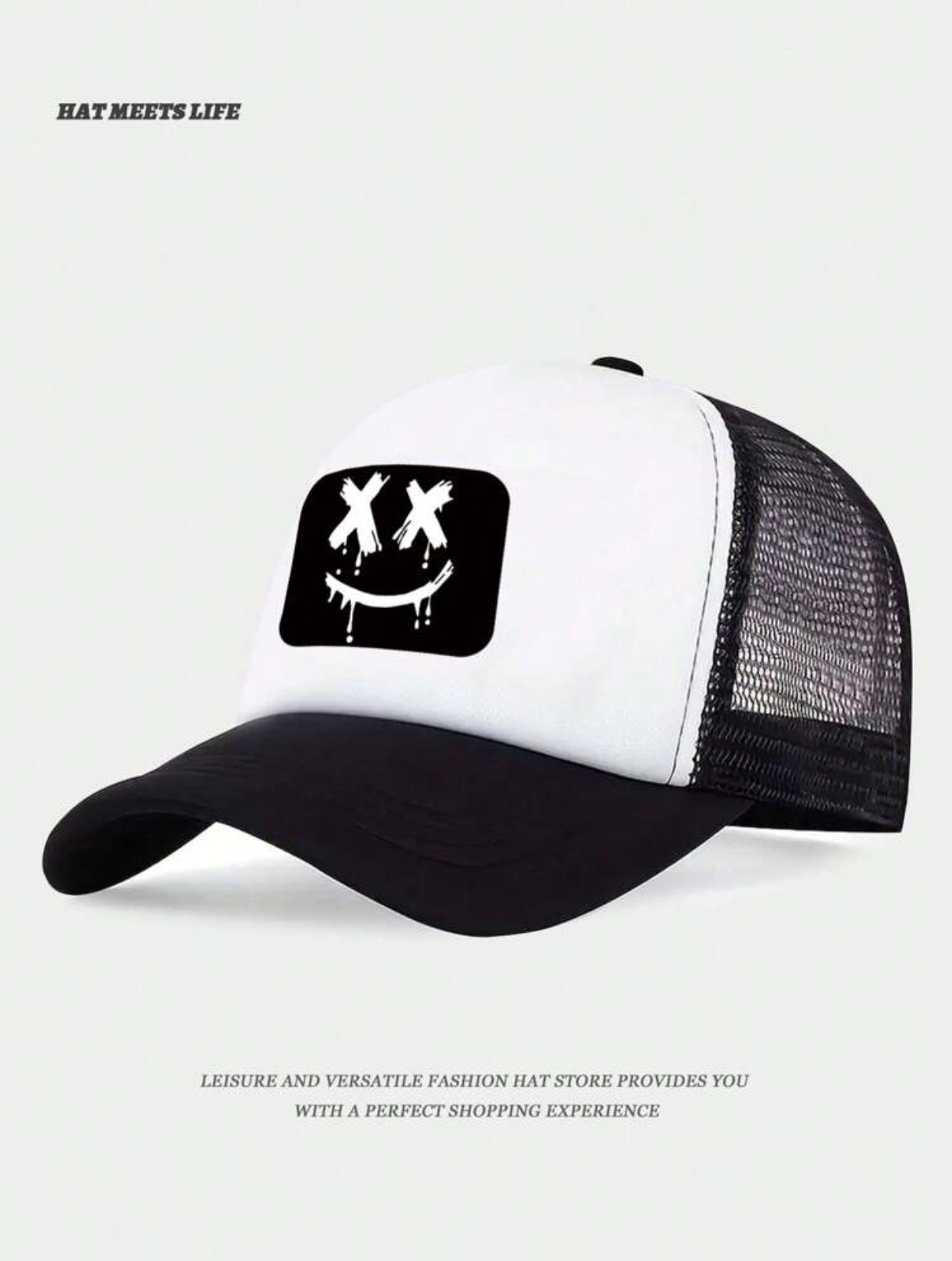 Unisex Casual White and Black Mesh Trucker Hat with Dripping X-Eye Smiley Face Patch 2