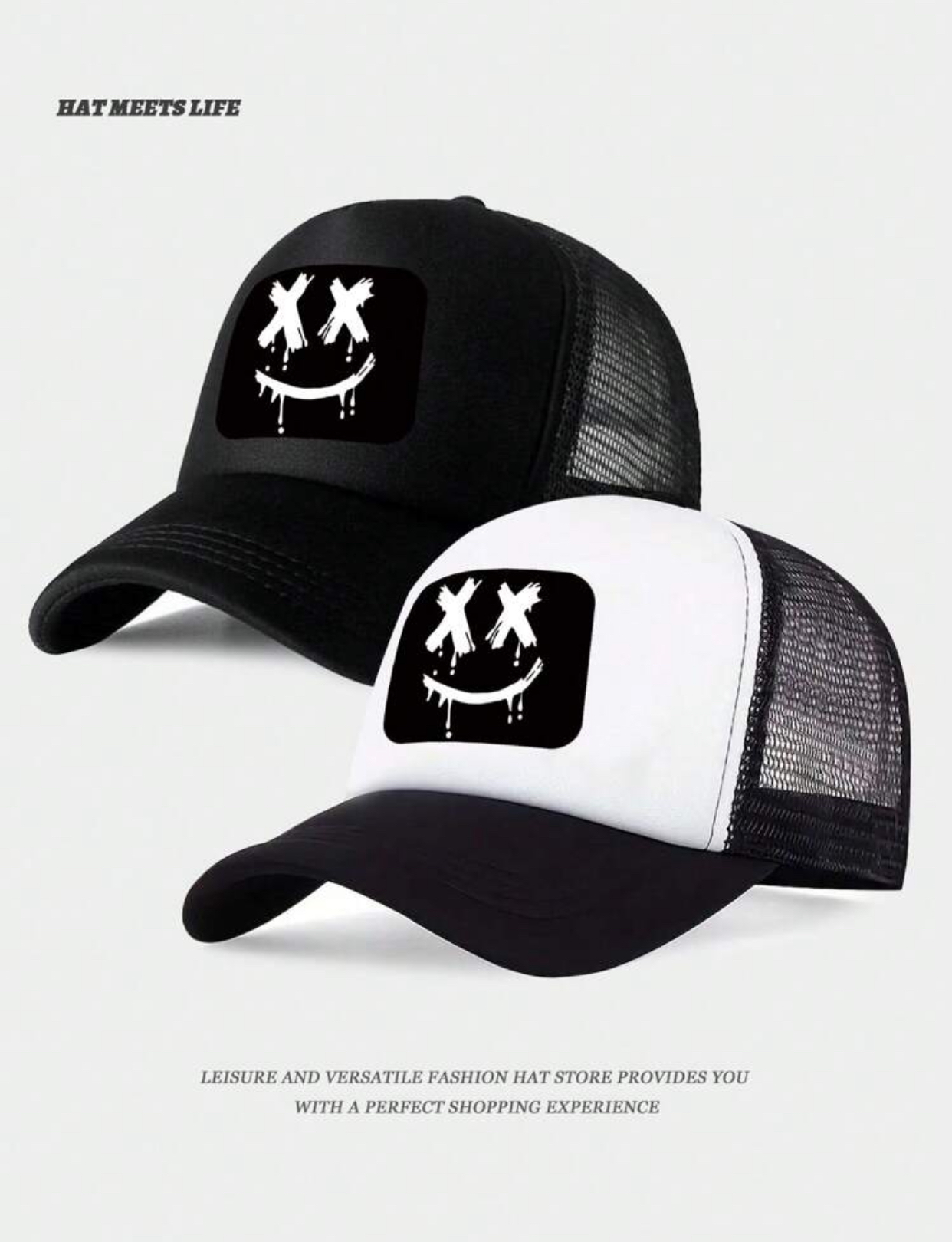 Unisex Casual White and Black Mesh Trucker Hat with Dripping X-Eye Smiley Face Patch 3