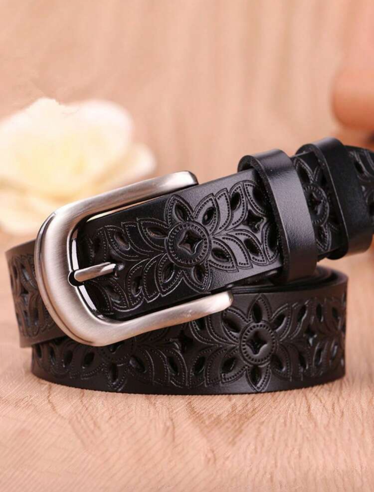Western-Inspired Black Leather Belt with Intricate Laser-Cut Floral Eyelet Carvings
