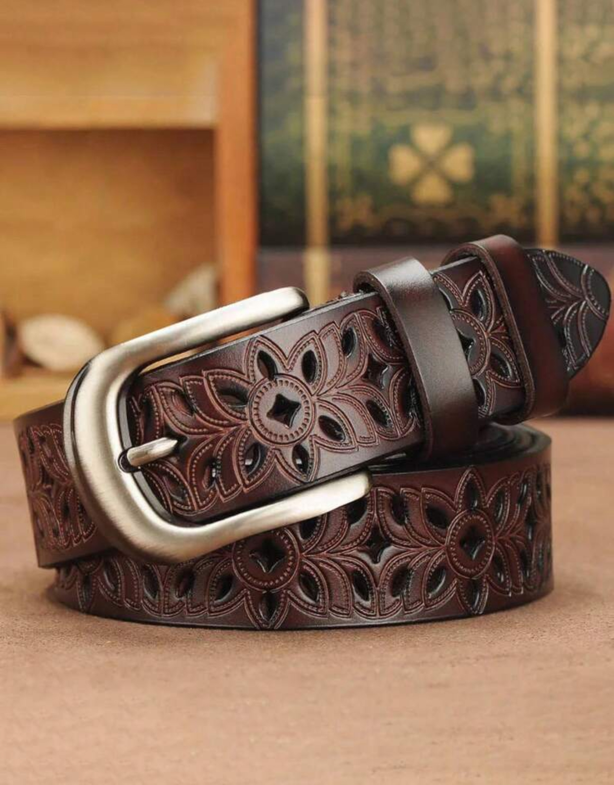 Western-Inspired Black Leather Belt with Intricate Laser-Cut Floral Eyelet Carvings 2