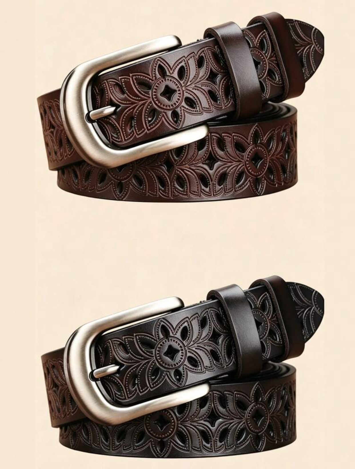 Western-Inspired Black Leather Belt with Intricate Laser-Cut Floral Eyelet Carvings 3