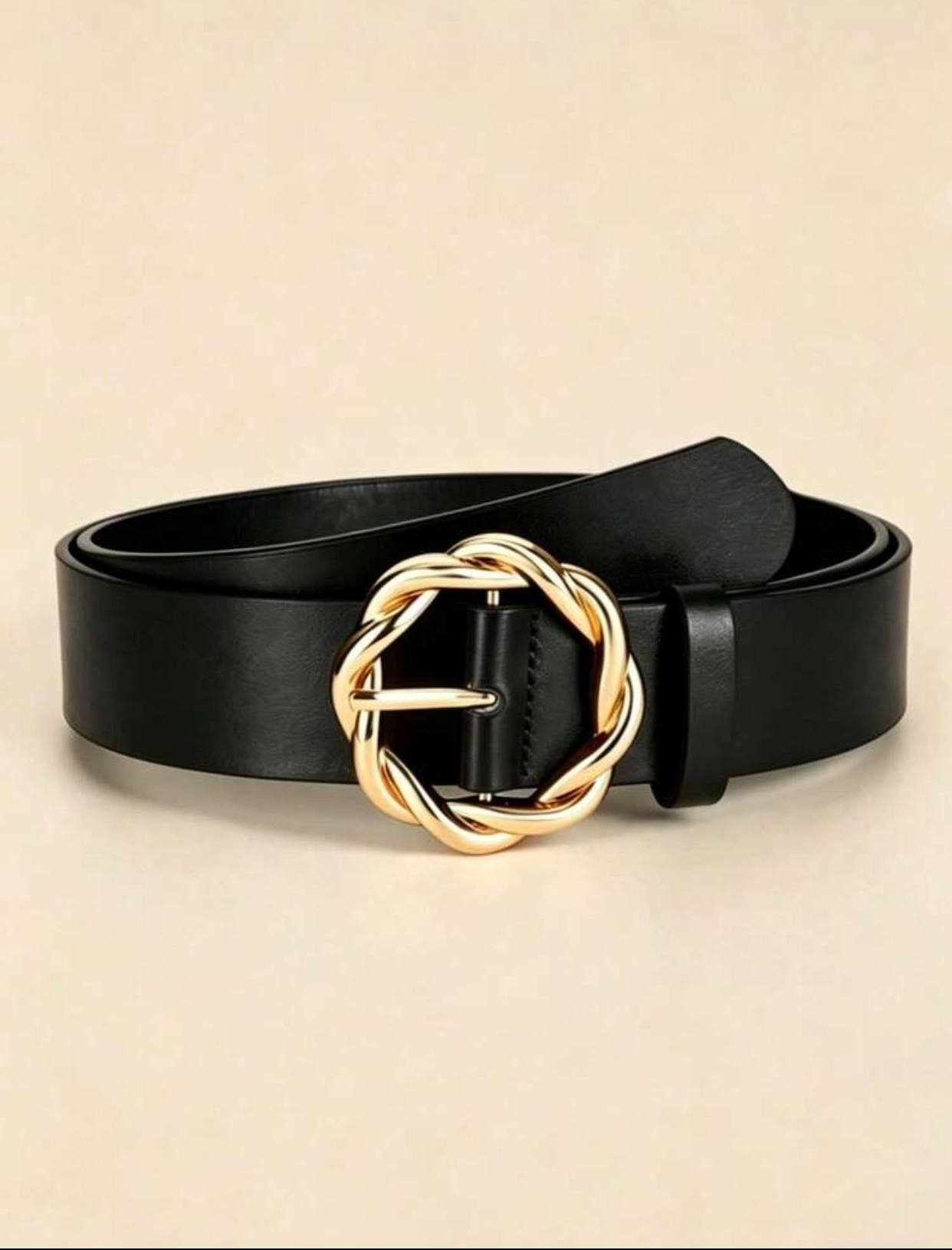 Chic Women's Black Fashion Belt with Intricate Twisted Gold-Tone Circular Buckle