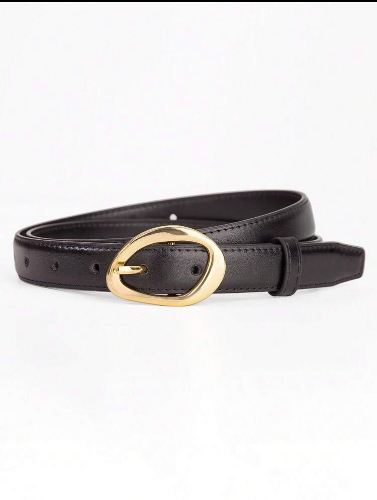 Sophisticated Slim Black Leather Dress Belt with Fluid Asymmetric Gold-Tone Buckle