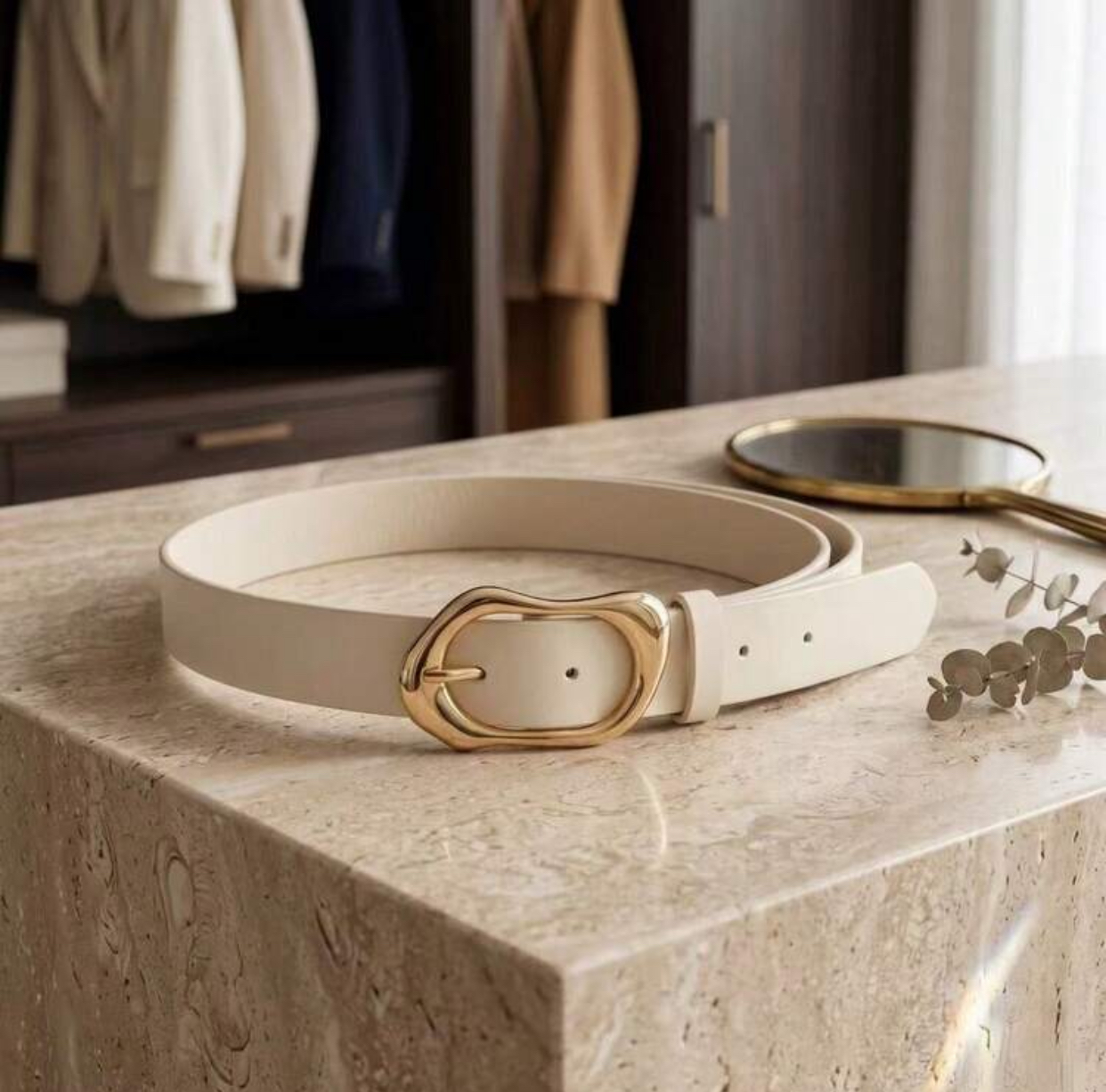 Luxury Minimalist Cream-White Leather Belt with Fluid Abstract Gold-Tone Oval Buckle