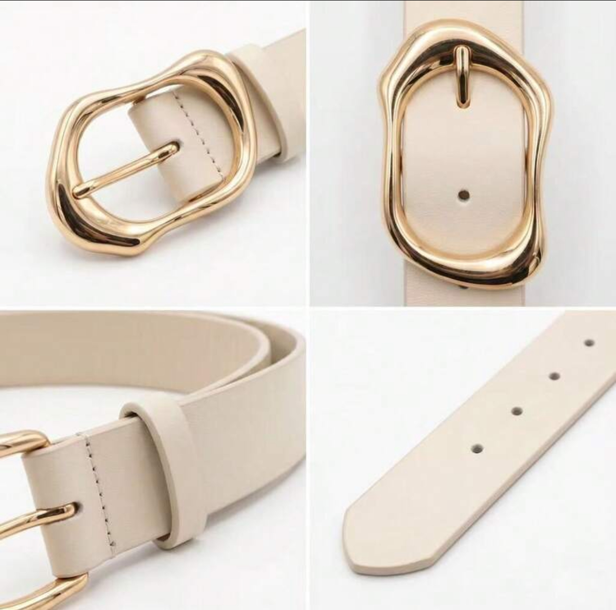 Luxury Minimalist Cream-White Leather Belt with Fluid Abstract Gold-Tone Oval Buckle 3