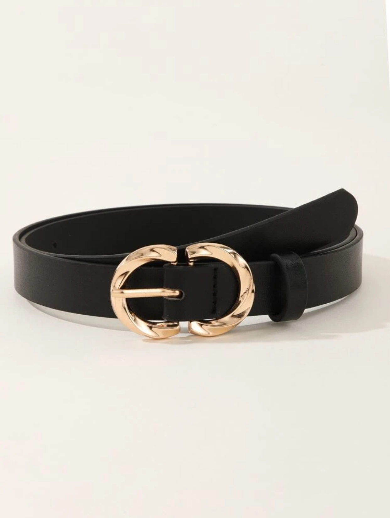Minimalist Interlocking Double-G Style Black Waist Belt with Gold-Tone Curved Hardware