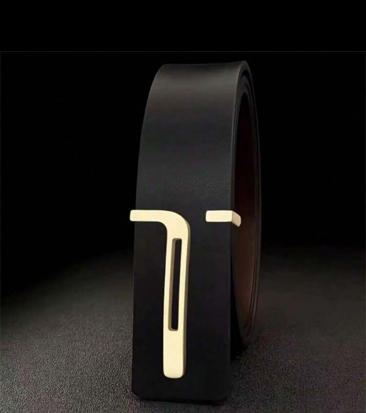 Ultra-Modern Men's Matte Black Leather Belt with Geometric Cutout Gold-Tone Sliding Buckle