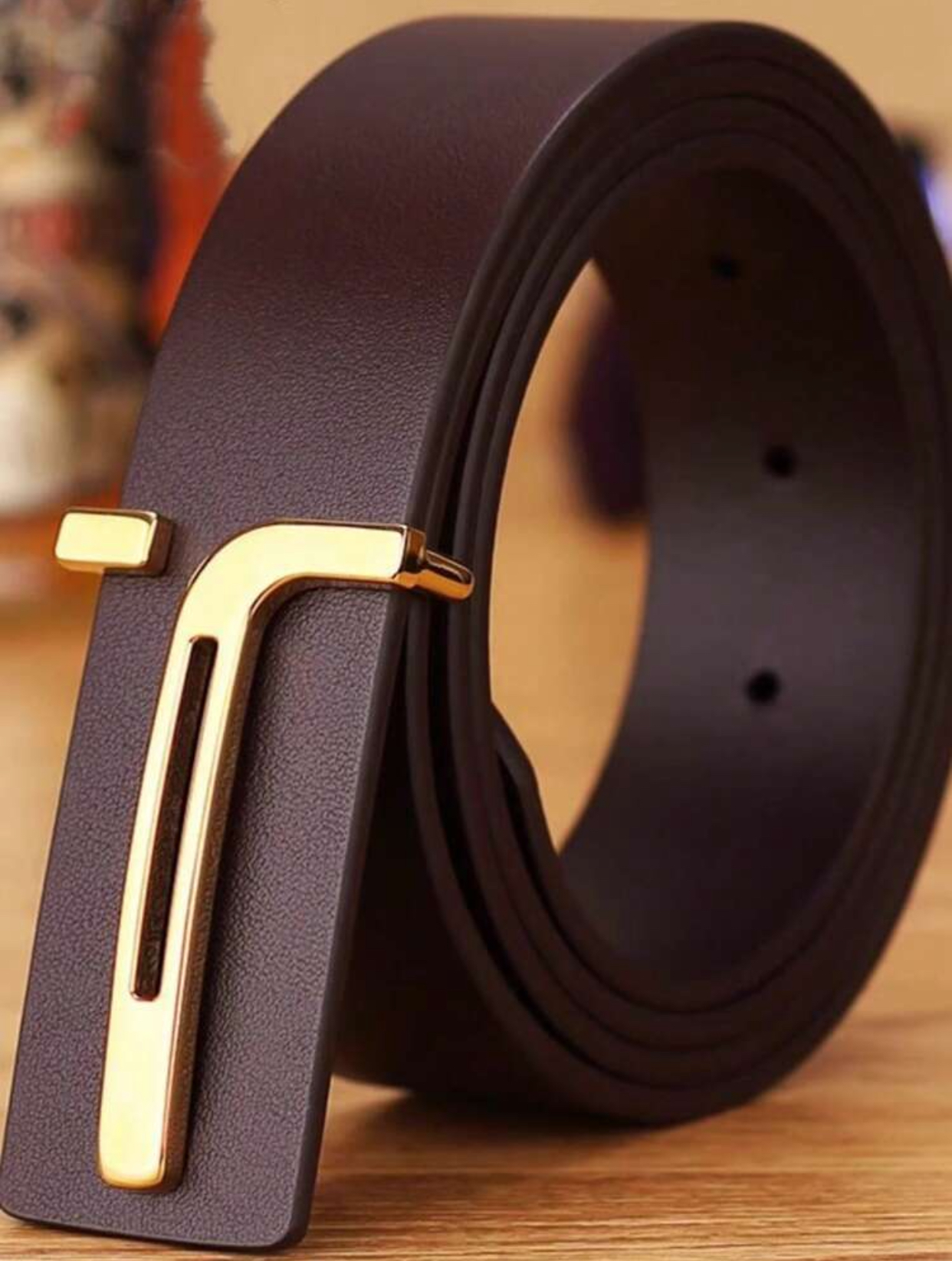 Ultra-Modern Men's Matte Black Leather Belt with Geometric Cutout Gold-Tone Sliding Buckle 2