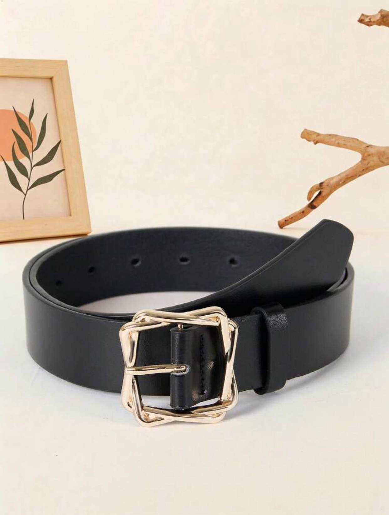 Modern Geometric Women's Black Belt with Layered Square Twisted Gold-Tone Buckle