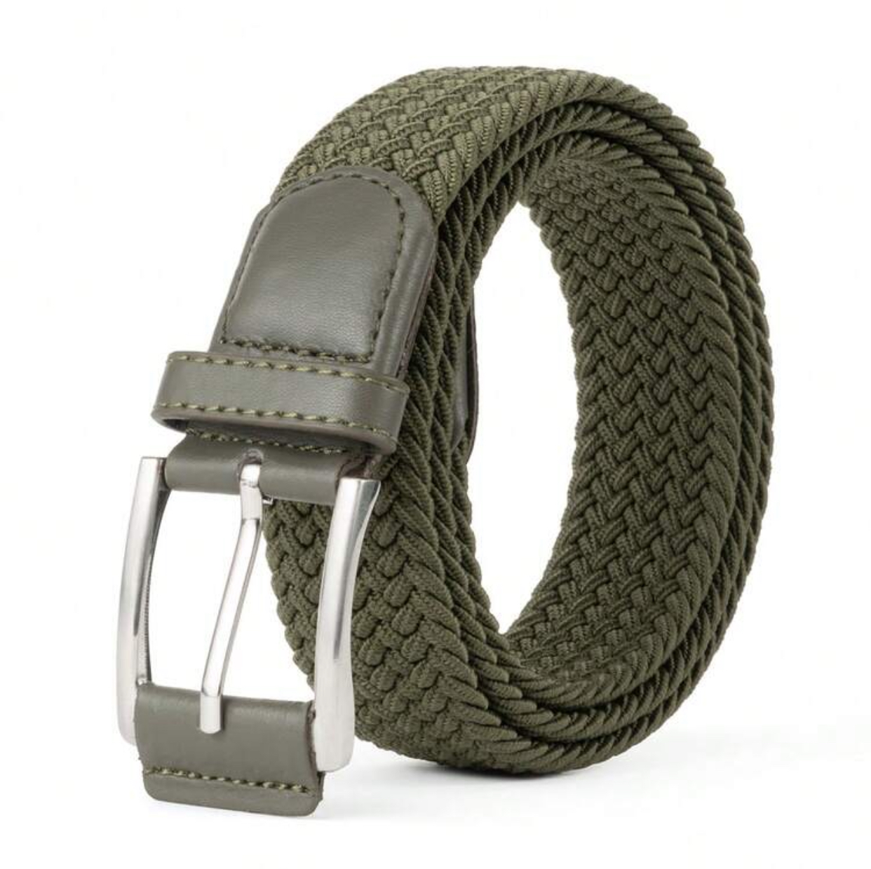 Casual Olive Green Woven Elastic Braided Belt with Leather Accents and Silver Buckle