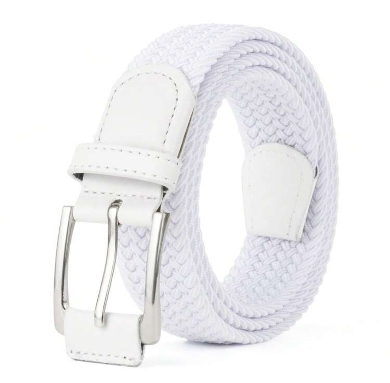 Casual Olive Green Woven Elastic Braided Belt with Leather Accents and Silver Buckle 2