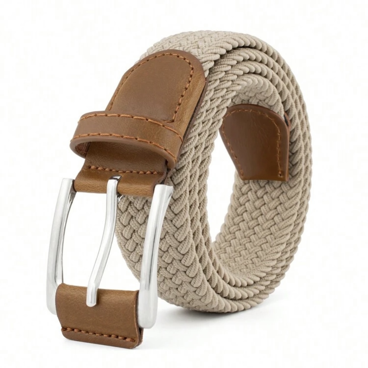 Casual Olive Green Woven Elastic Braided Belt with Leather Accents and Silver Buckle 3