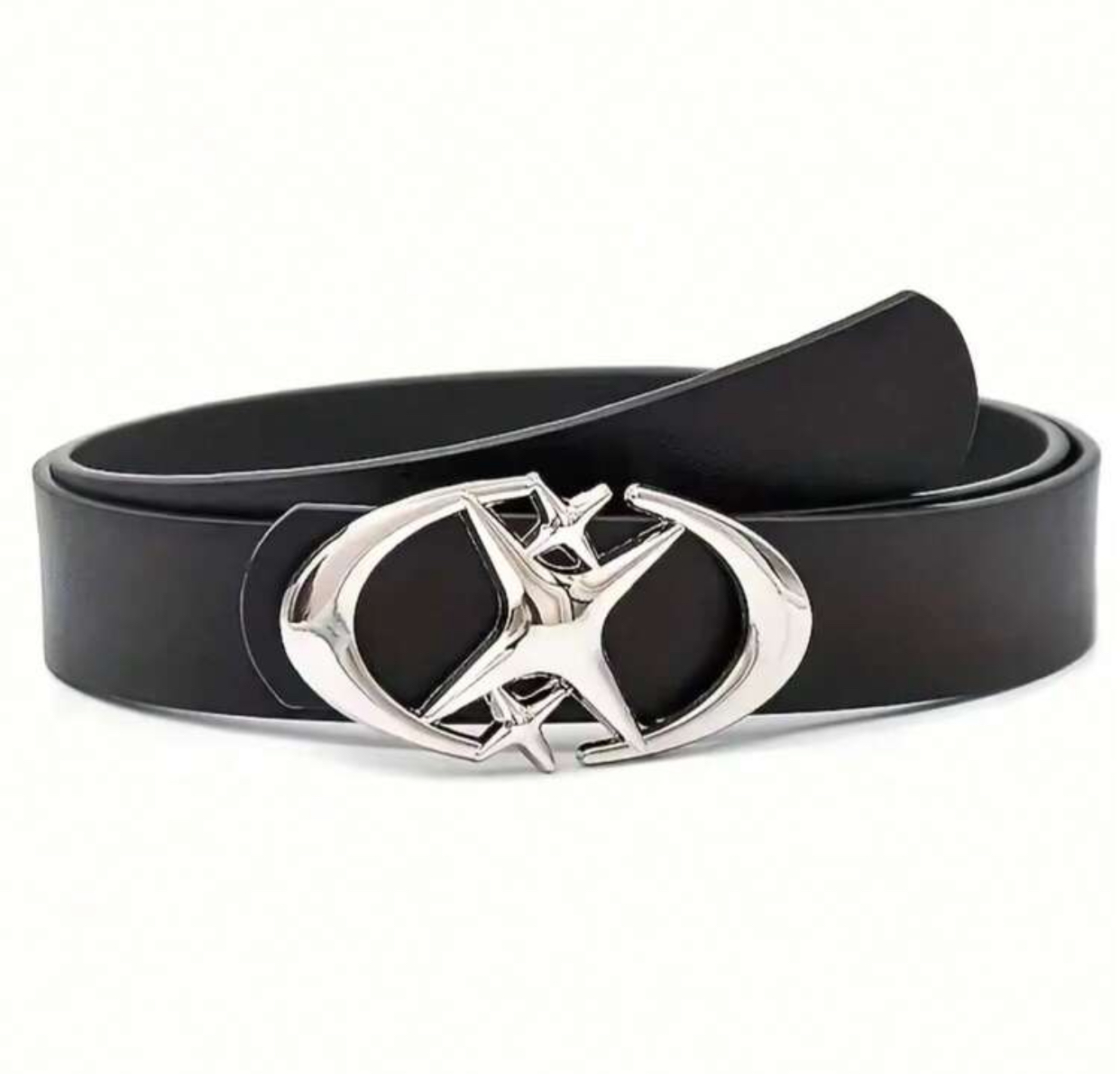 Futuristic Black Leather Fashion Belt with Abstract Cyberpunk Silver Star Buckle