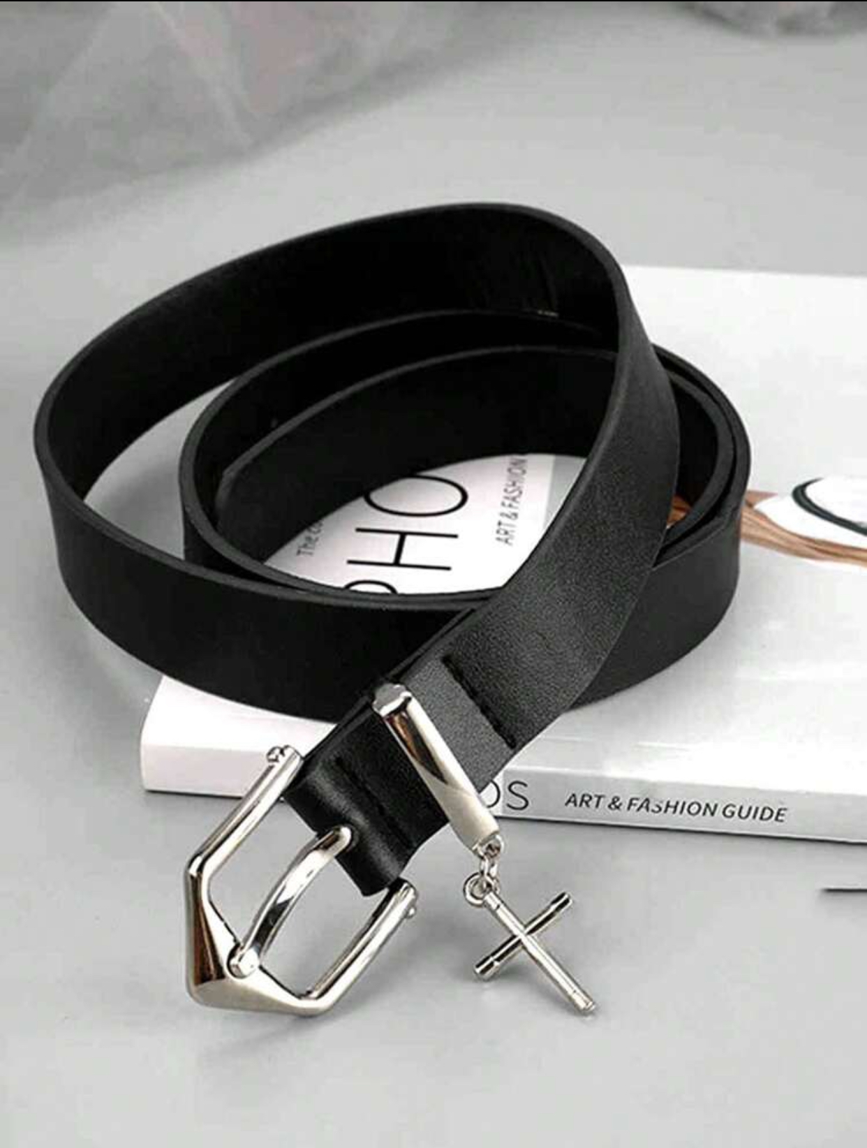 Gothic-Inspired Slim Black Leather Belt with Hanging Silver Cross Charm