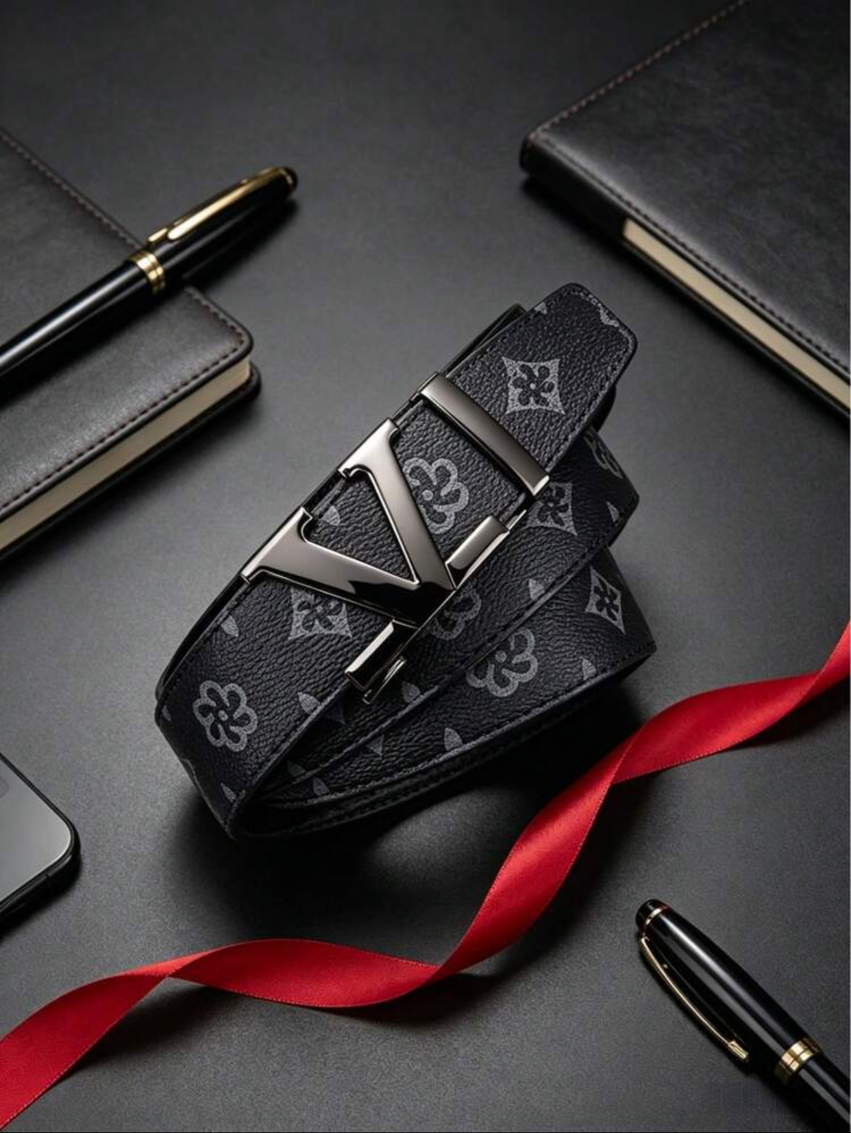 Luxury Monogram Patterned Dark Gray Belt with Gunmetal Modern "V" Buckle