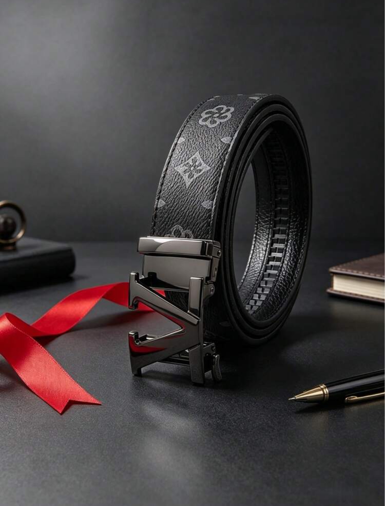 Luxury Monogram Patterned Dark Gray Belt with Gunmetal Modern "V" Buckle 2