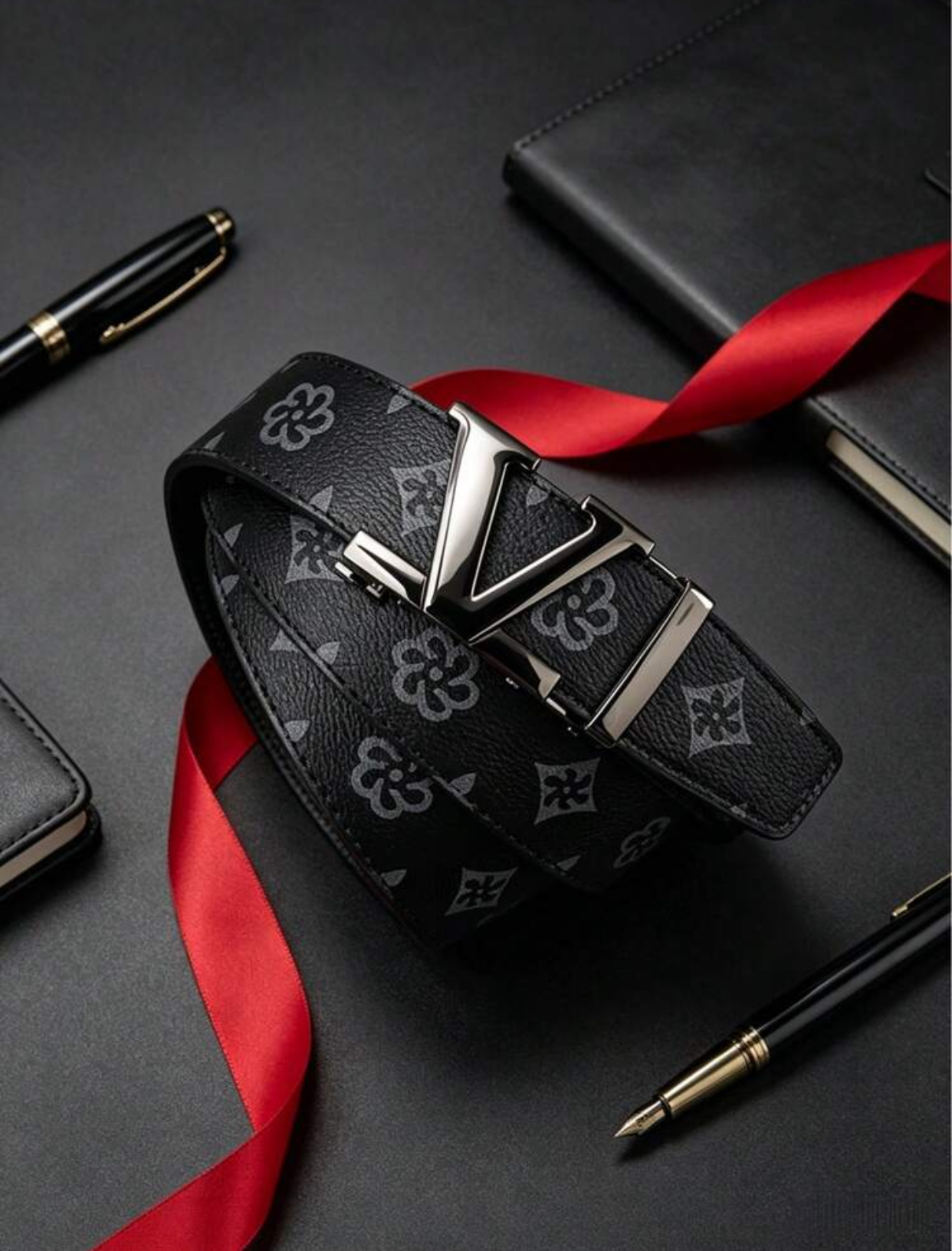 Luxury Monogram Patterned Dark Gray Belt with Gunmetal Modern "V" Buckle 3