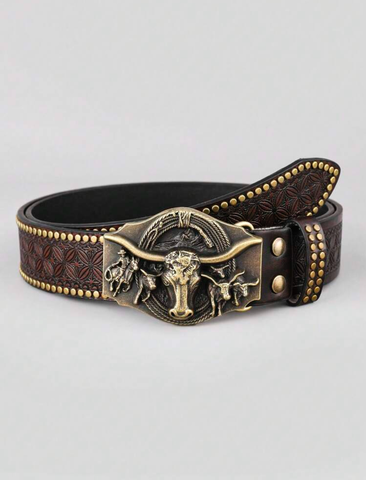 Western Cowboy Dark Brown Leather Belt with Ornate Longhorn Bull Brass Buckle