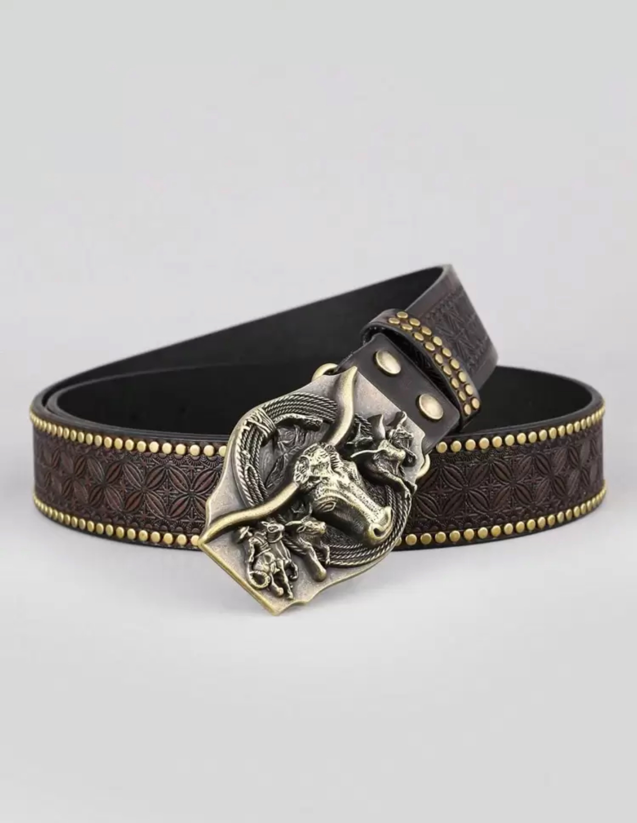 Western Cowboy Dark Brown Leather Belt with Ornate Longhorn Bull Brass Buckle 2