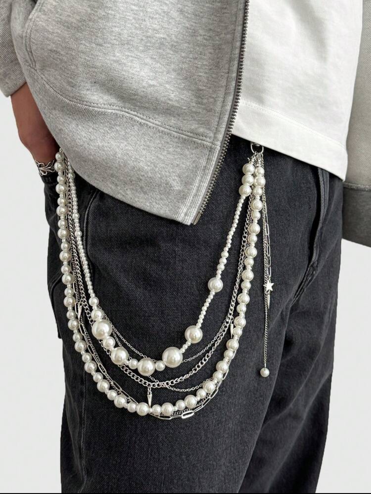 Streetwear Layered Faux Pearl and Silver-Tone Link Mixed Media Multi-Strand Trousers Pocket Chain