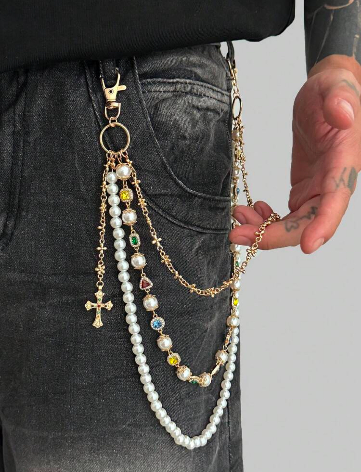 Gothic Baroque Gold-Plated Layered Hip Chain with Colorful Rhinestone Accents and Rosary Cross