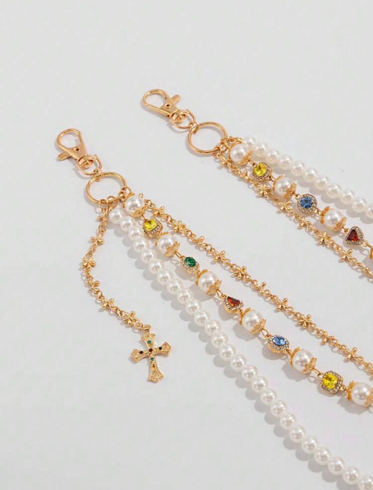 Gothic Baroque Gold-Plated Layered Hip Chain with Colorful Rhinestone Accents and Rosary Cross 2