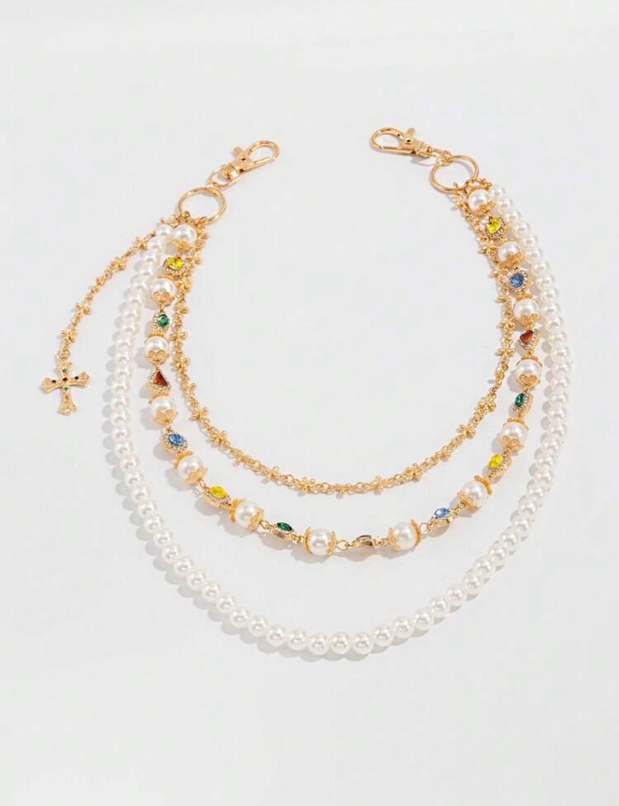 Gothic Baroque Gold-Plated Layered Hip Chain with Colorful Rhinestone Accents and Rosary Cross 3