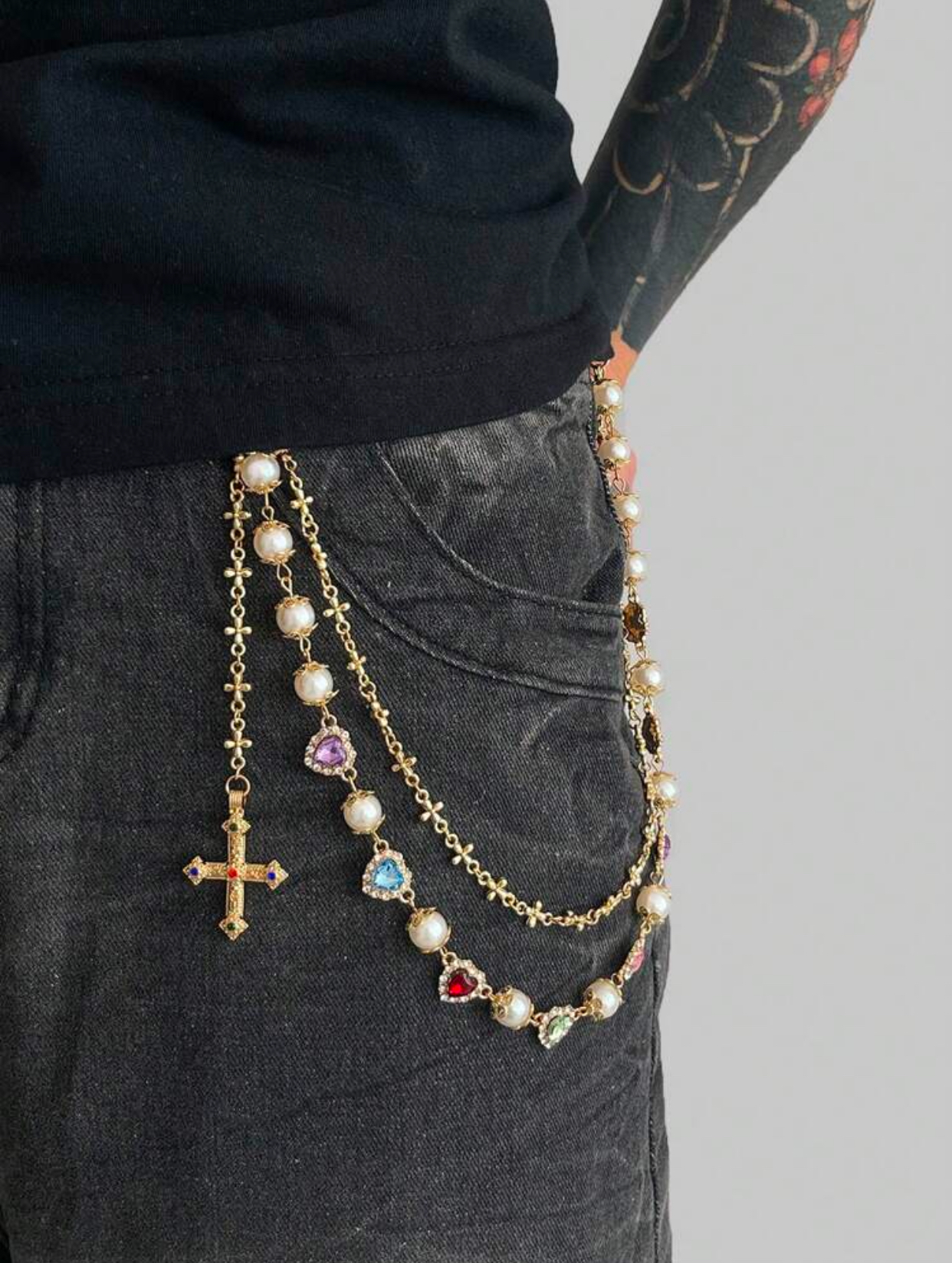 E-Girl Aesthetic Multi-Layer Gold-Tone Link Waist Chain with Heart Gems and Ornate Crucifix Pendant