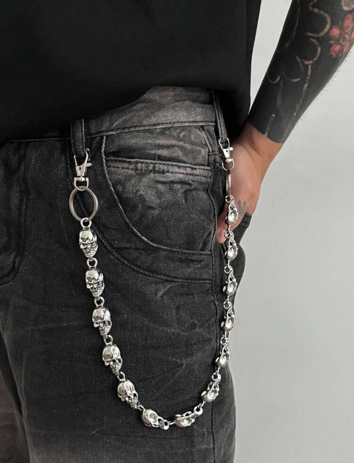 Heavy Metal Punk-Rock High-Polished Silver-Tone Sculptural 3D Skull Link Wallet and Jeans Chain