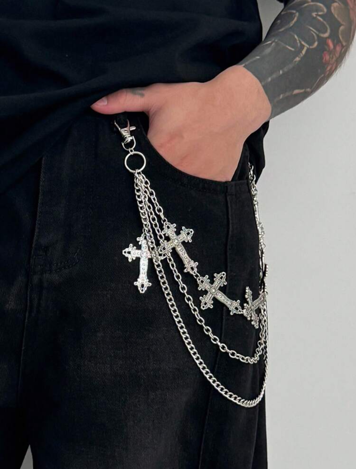 Cyber-Goth Layered Metallic Silver Curb Chain Trousers Charm with Multiple Intricate Ornate Crosses