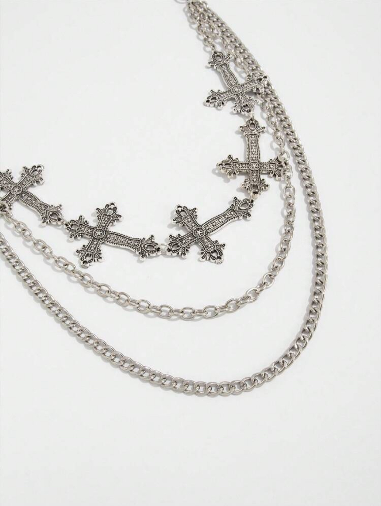 Cyber-Goth Layered Metallic Silver Curb Chain Trousers Charm with Multiple Intricate Ornate Crosses 2