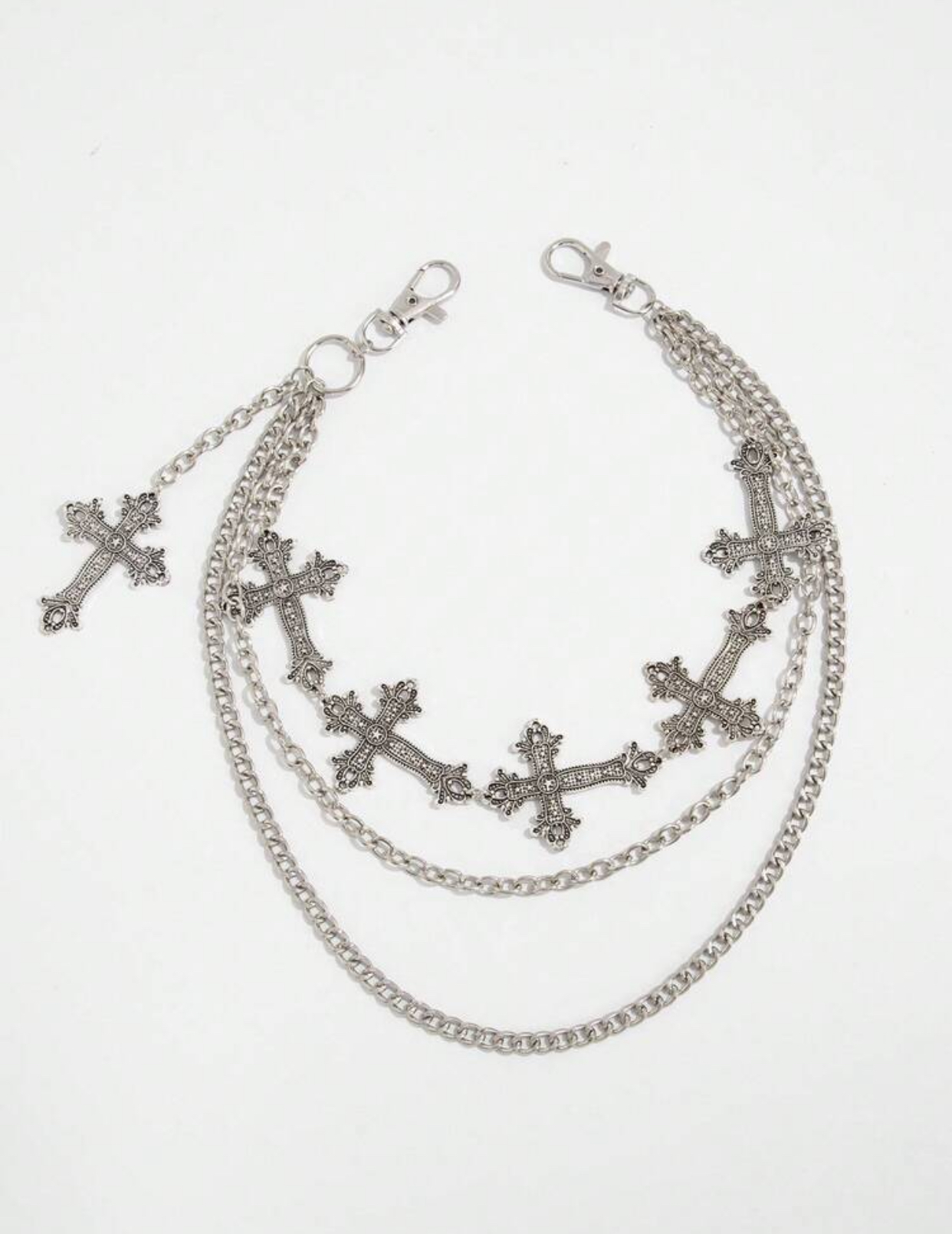 Cyber-Goth Layered Metallic Silver Curb Chain Trousers Charm with Multiple Intricate Ornate Crosses 3