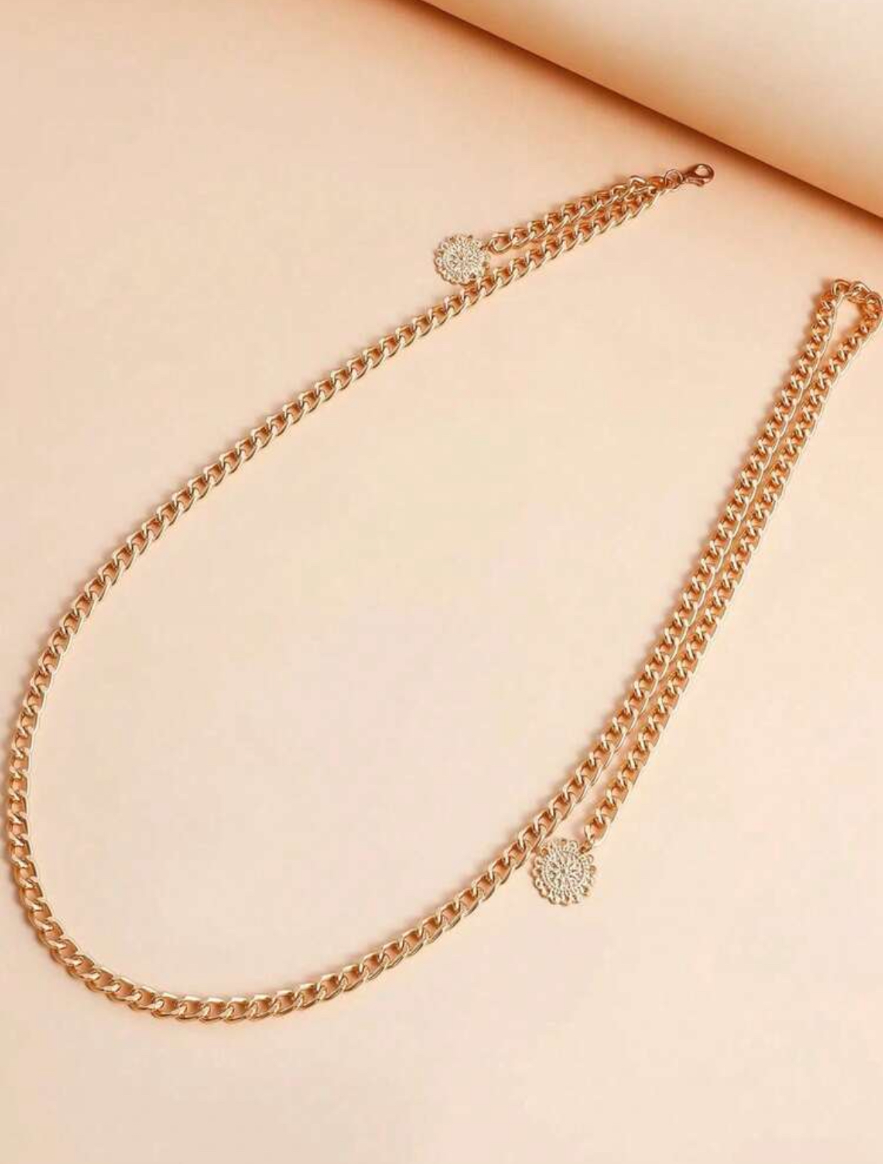 Minimalist Elegant Dainty Curb Link Gold-Tone Metal Waist Chain Belt with Textured Round Medallion Charms 2