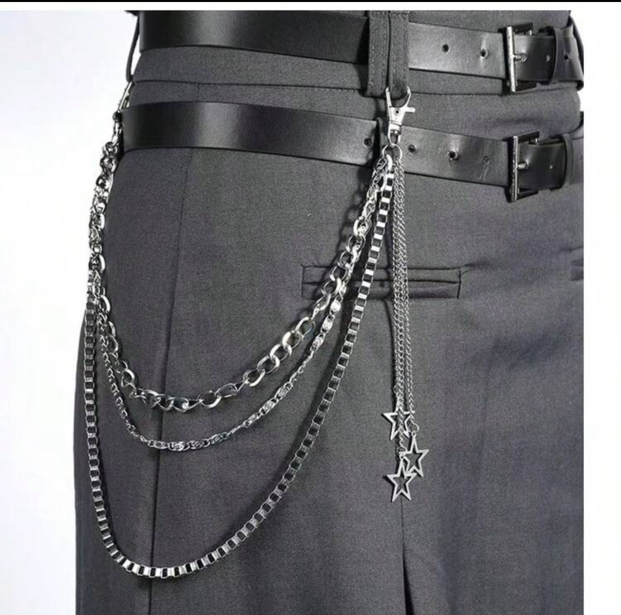 Harajuku Double-Layered Matte Black Leather Waist Belts with Silver Triple-Star Multi-Strand Pocket Chains