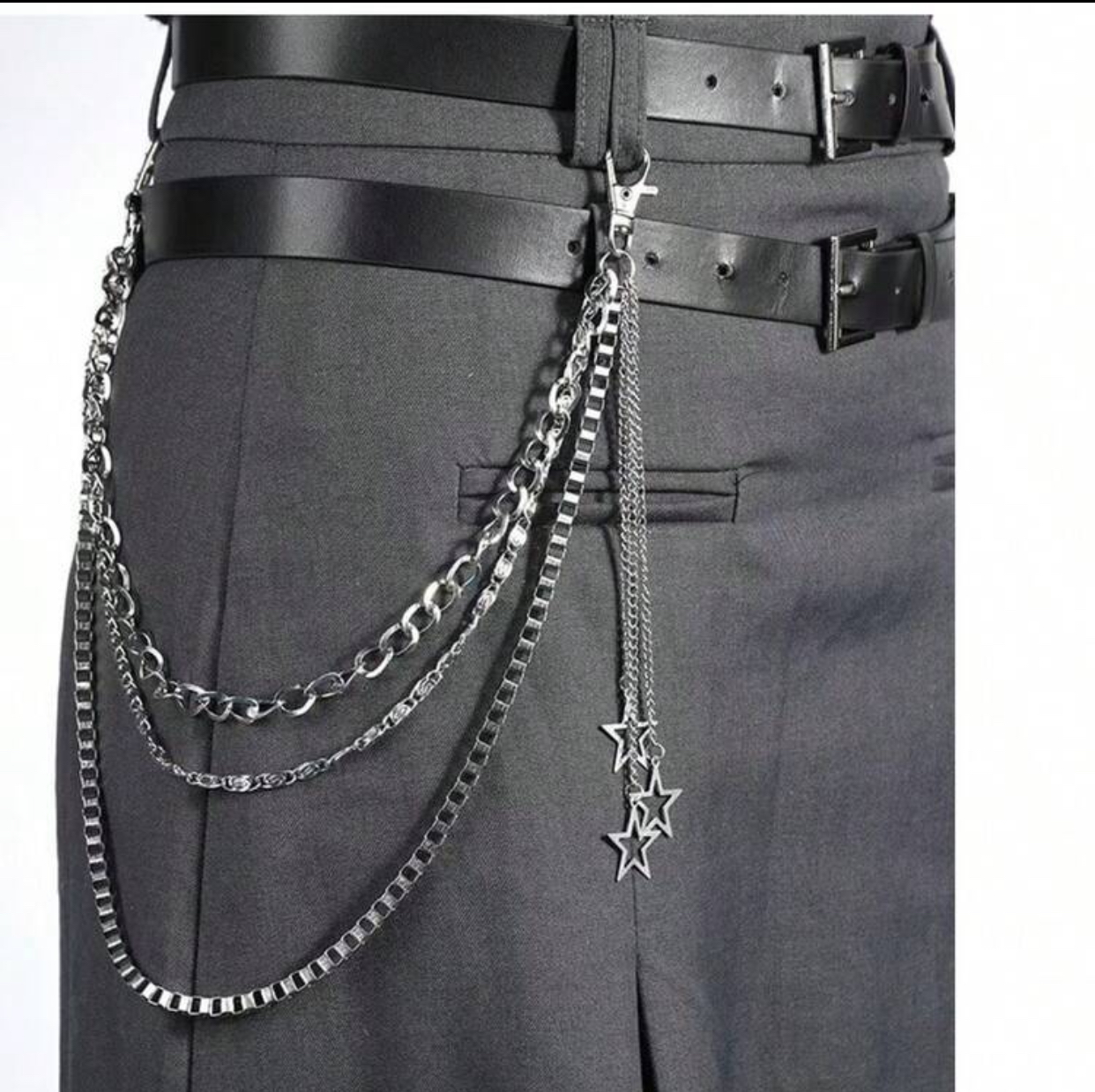 Harajuku Double-Layered Matte Black Leather Waist Belts with Silver Triple-Star Multi-Strand Pocket Chains 2