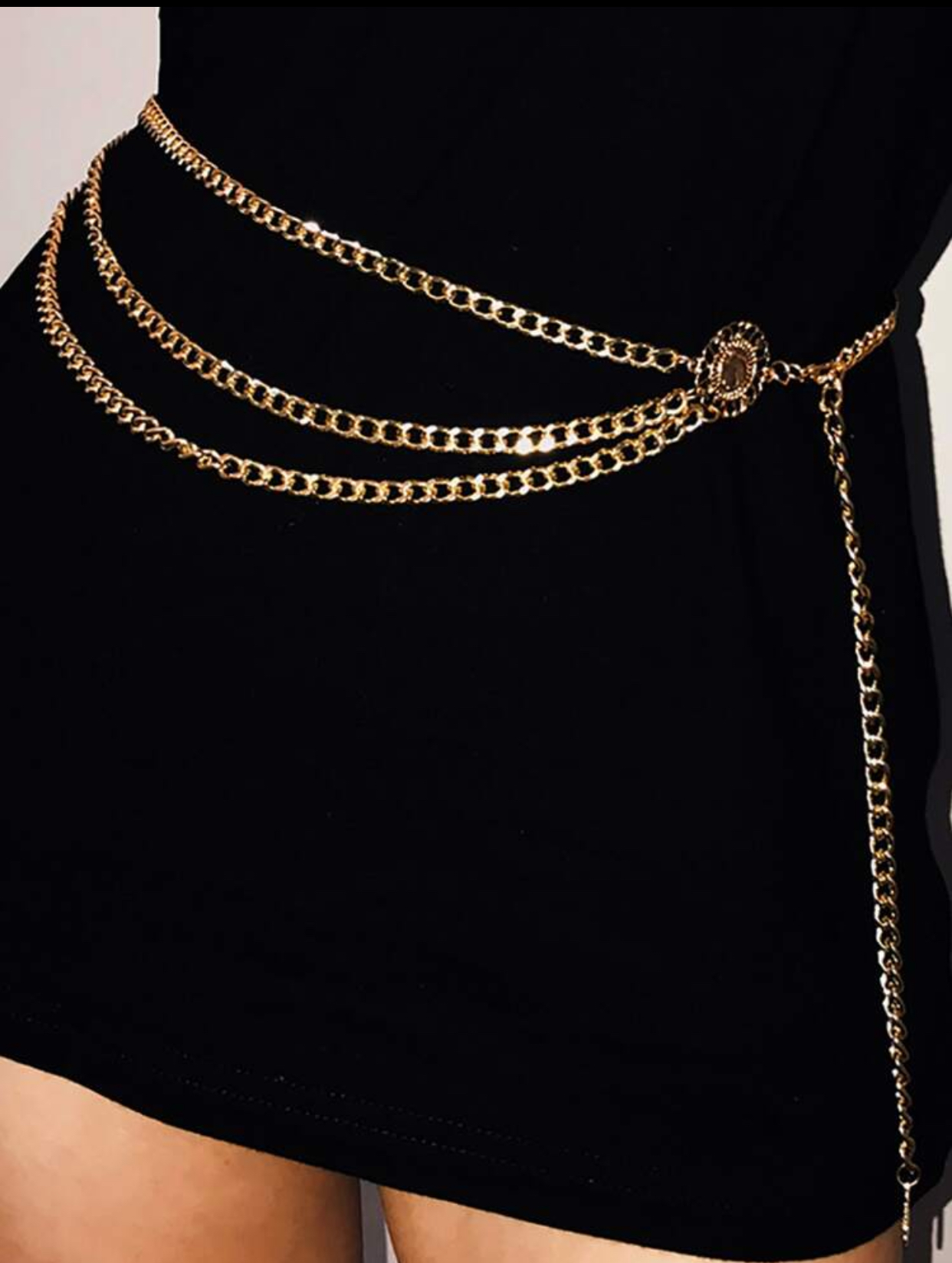 Goddess Style Multi-Tiered Layered Gold-Tone Curb Chain Waist Belt with Central Sunburst Filigree Medallion