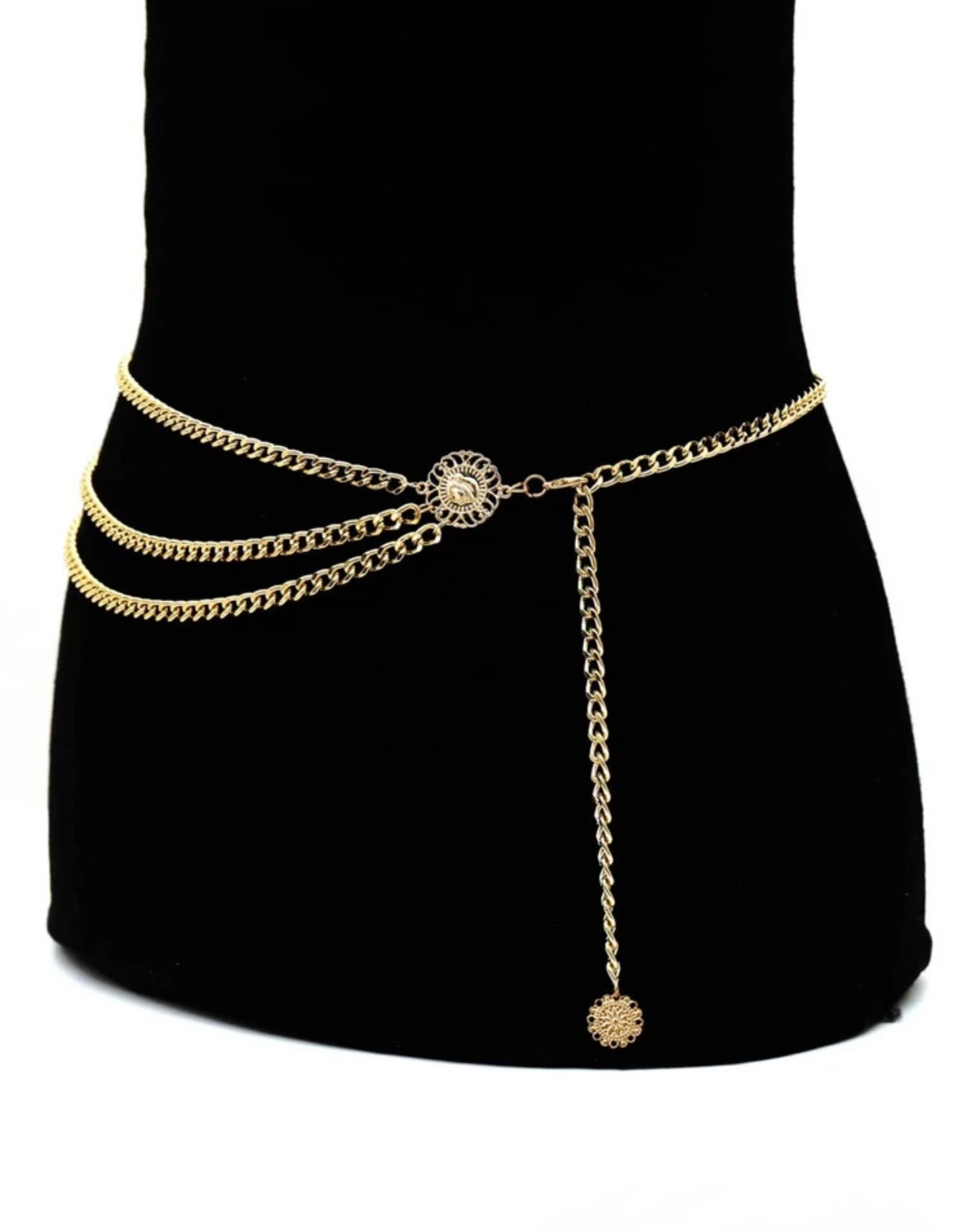 Goddess Style Multi-Tiered Layered Gold-Tone Curb Chain Waist Belt with Central Sunburst Filigree Medallion 2