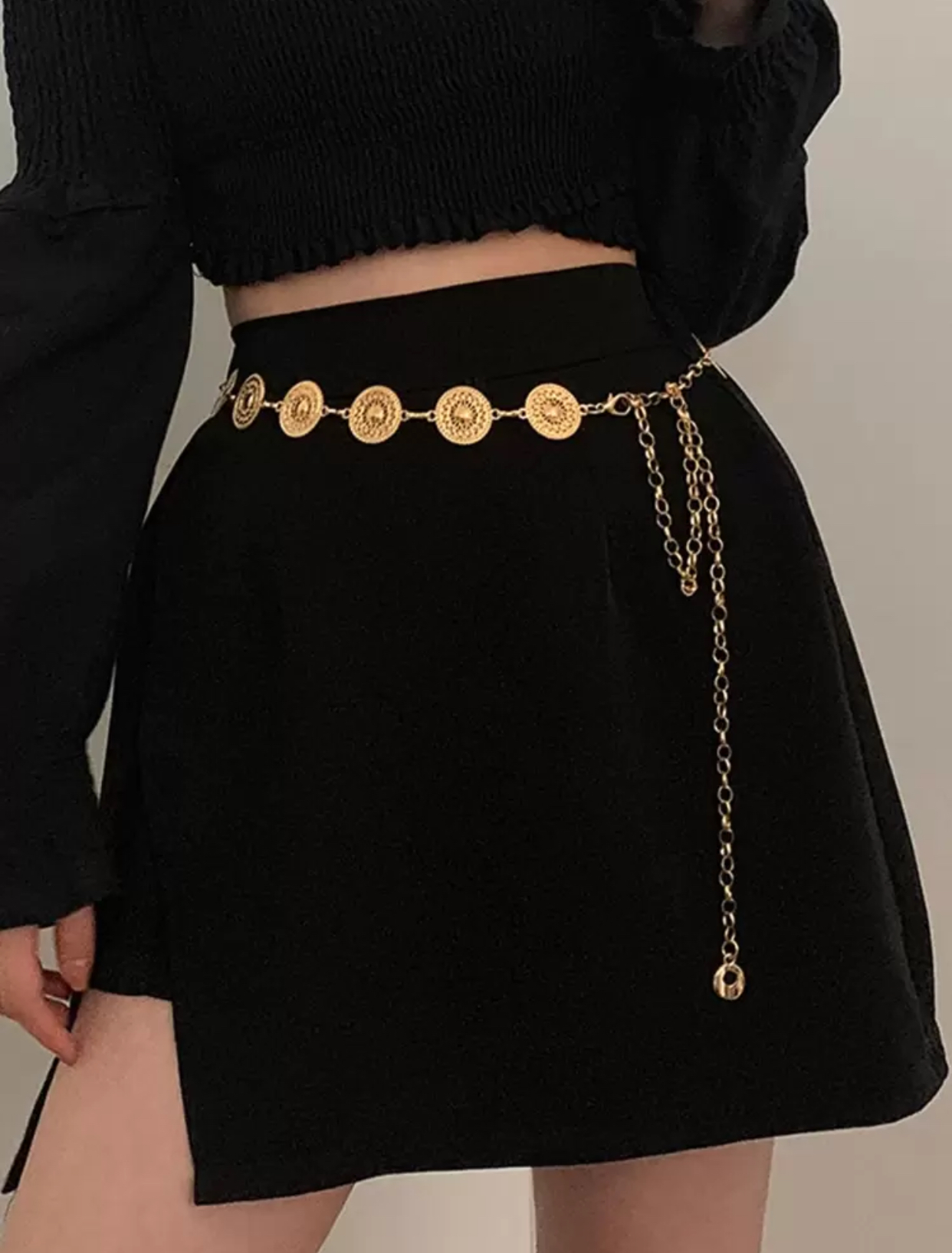 Vintage Bohemian Engraved Antique Gold-Tone Textured Coin Discs Interconnected Statement Chain Belt