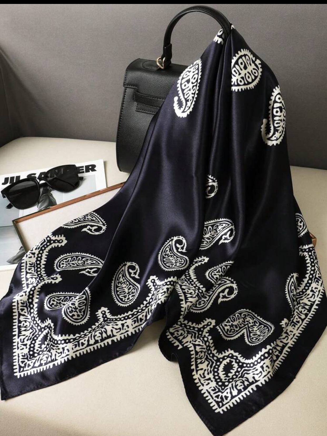 Midnight Navy Blue Luxury Silk Satin Large Shawl Scarf with Contrasting White Paisley Border Print