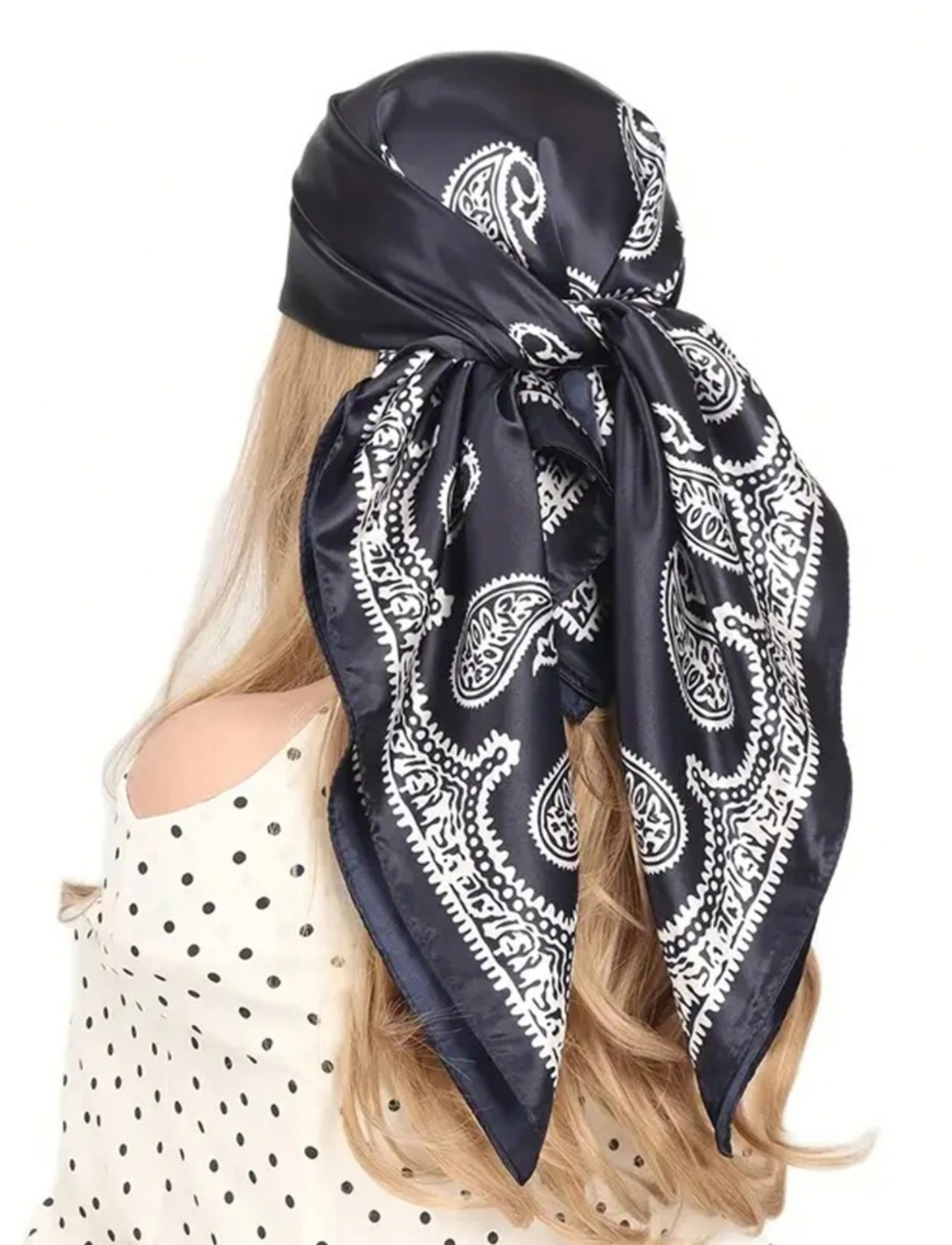 Midnight Navy Blue Luxury Silk Satin Large Shawl Scarf with Contrasting White Paisley Border Print 2