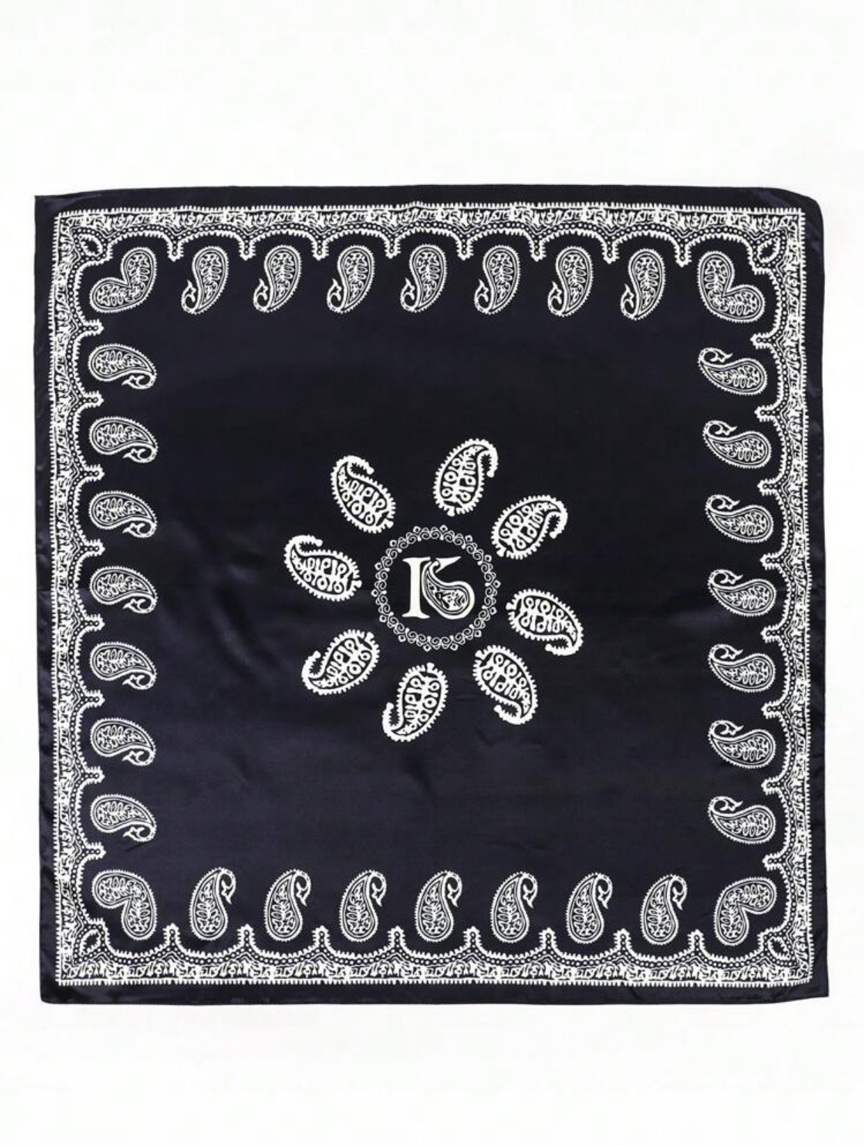 Midnight Navy Blue Luxury Silk Satin Large Shawl Scarf with Contrasting White Paisley Border Print 3