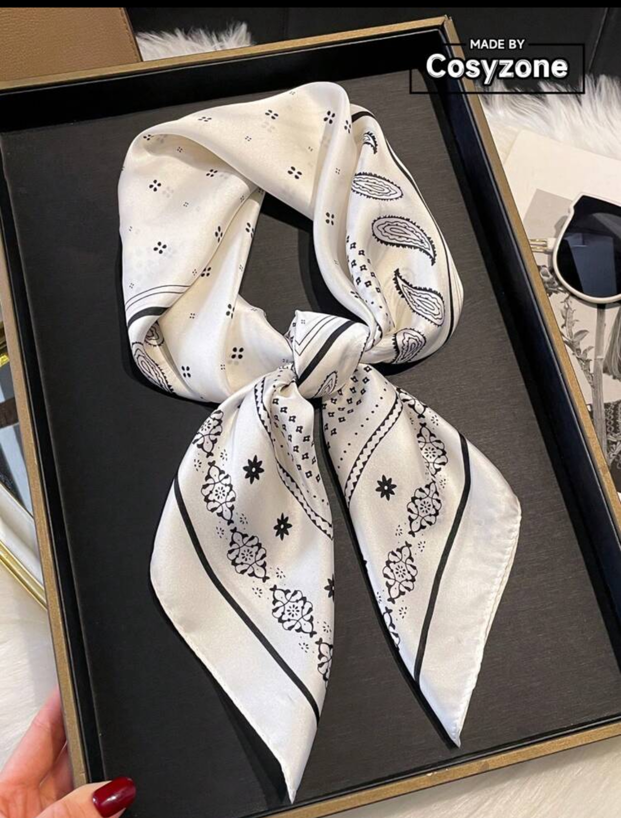 Monochrome Western Style White Silk Bandana Scarf with Black Paisley and Dotted Border accents