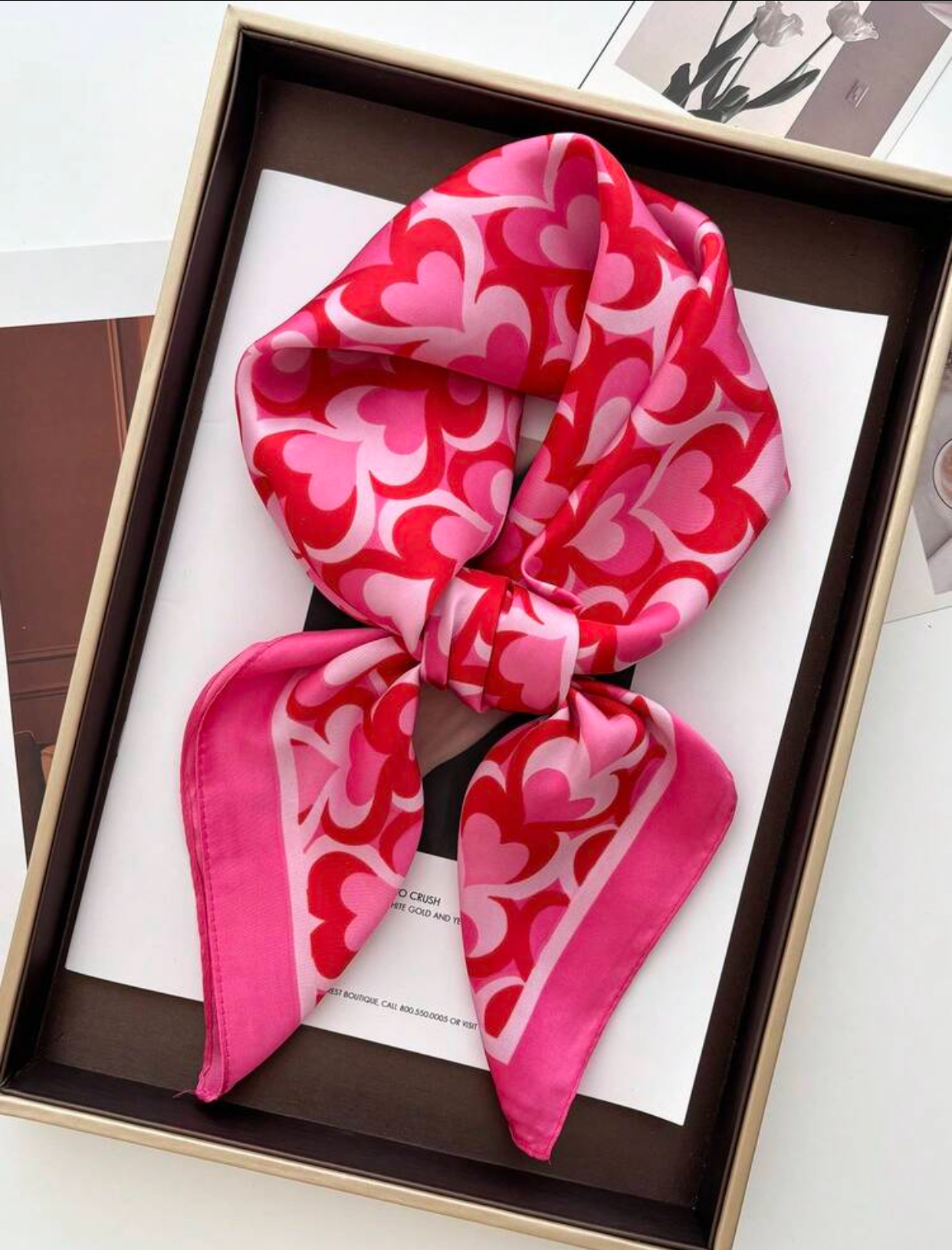 Vibrant Romantic Interlocking Geometric Hearts Satin Square Neck Scarf in Hot Pink and Red